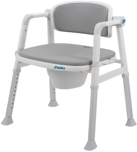 Toiletstol med toiletspand, hvid med gråt PU-sæde/ryg, SB 44 cm