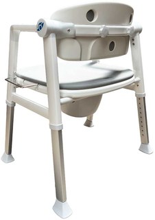 Toiletstolen er hvid med gråt PU-sæde/ryg